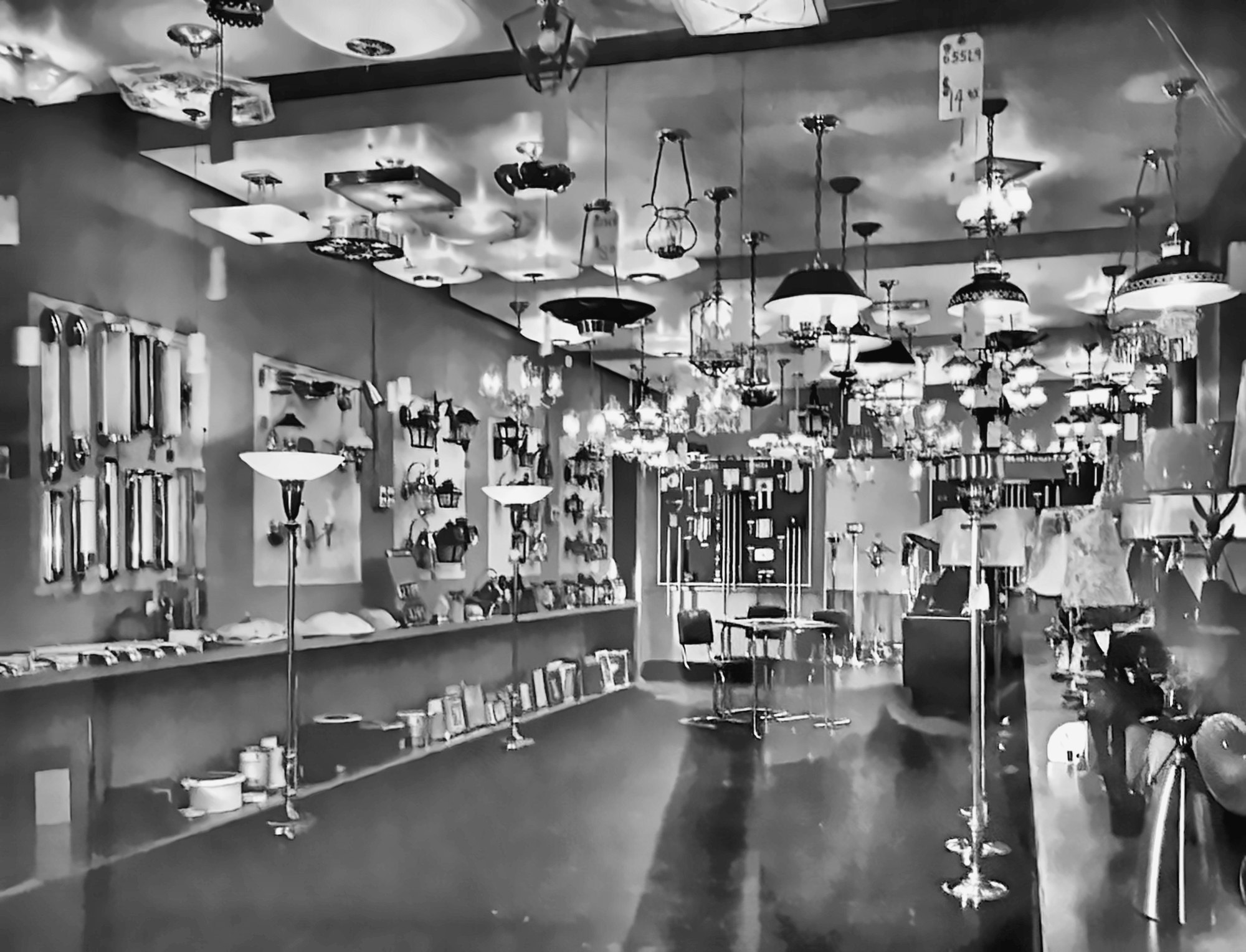 Historic Efengee lighting showroom with hanging fixtures