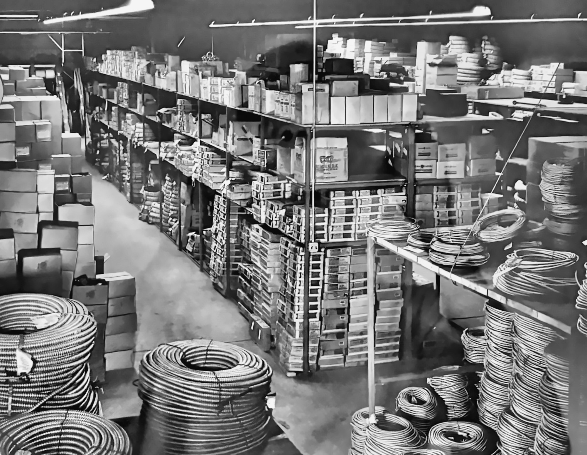 Historic Efengee warehouse stocked with boxes and coils of wire